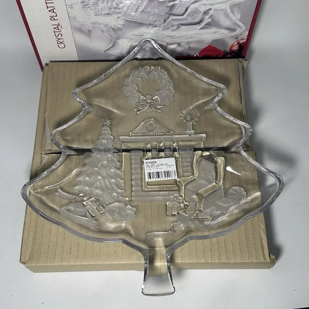 NIB Mikasa Crystal Christmas Tree Holiday Platter - Fireplace 13.5x12”
